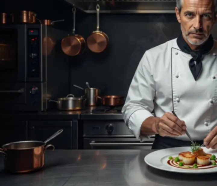 Portrait du chef ex&eacute;cutif en pleine pr&eacute;paration en cuisine