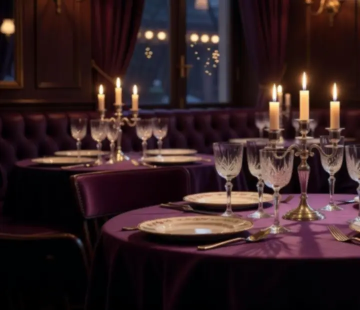 Tables élégamment dressées dans un bistro du soir à l'éclairage tamisé