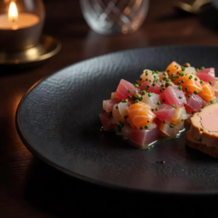 Entrée gastronomique française élégamment dressée sur une table de bistro nocturne.