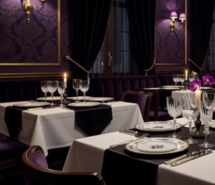 Salle de restaurant tamisée avec tables élégamment dressées pour le service du soir.
