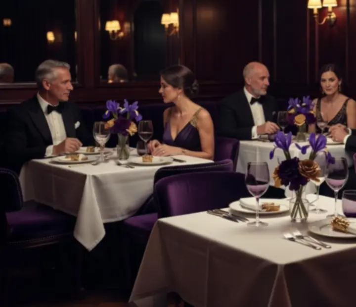 Table de restaurant en lumière tamisée, dressée pour une soirée gastronomique.