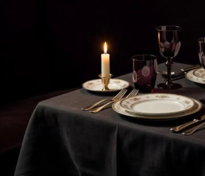 Décor d'événement avec éclairage tamisé, nappes sombres et verres à vin alignés.