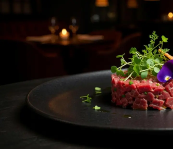 Entrée gastronomique minutieusement dressée sur assiette sombre.