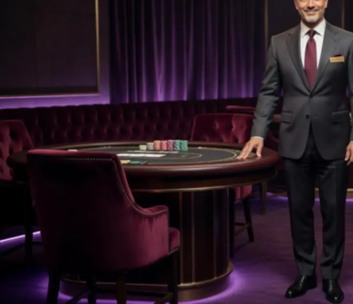 Responsable du salon poker accueillant des joueurs dans un lounge feutr&eacute;