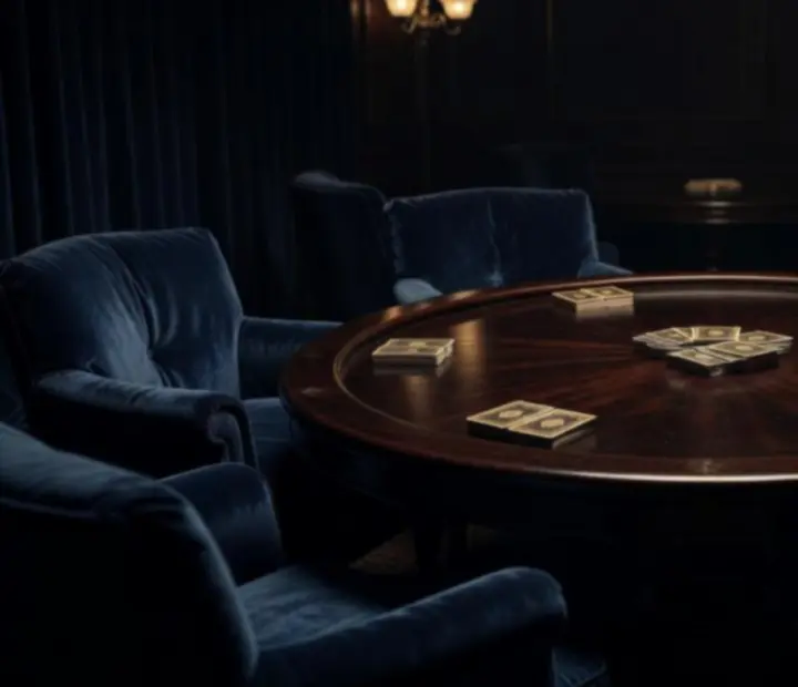 Lounge de poker avec tapis de velours, jetons et lumière tamisée.