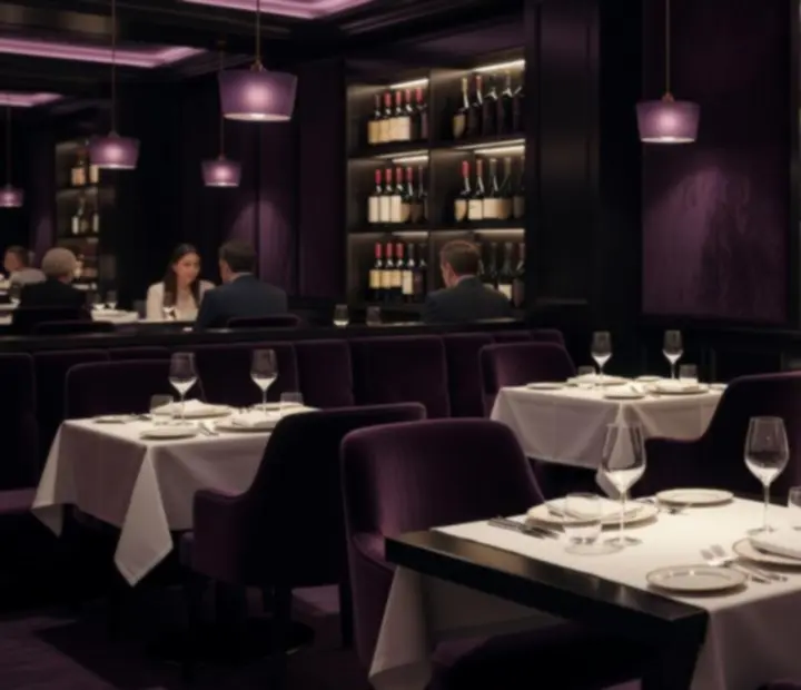 Rayonnages de vins éclairés dans un restaurant français en soirée