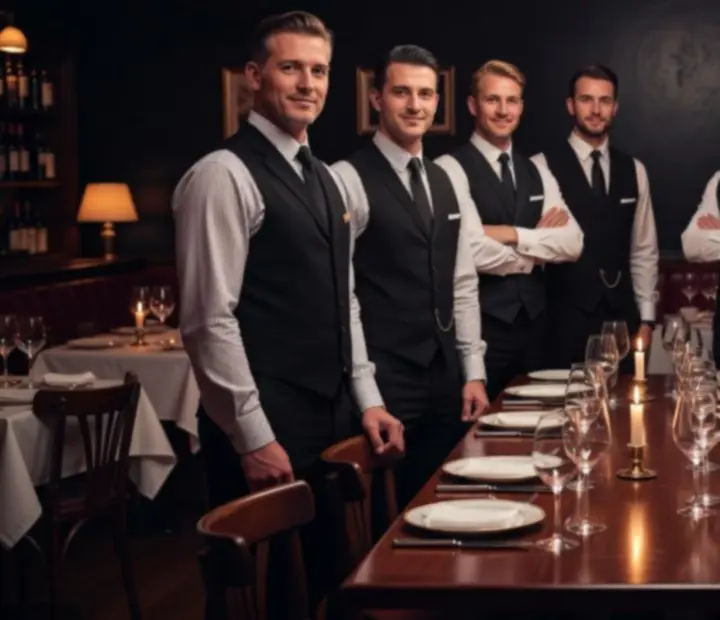 Brigade en salle dans un bistro nocturne &eacute;clair&eacute; &agrave; la bougie