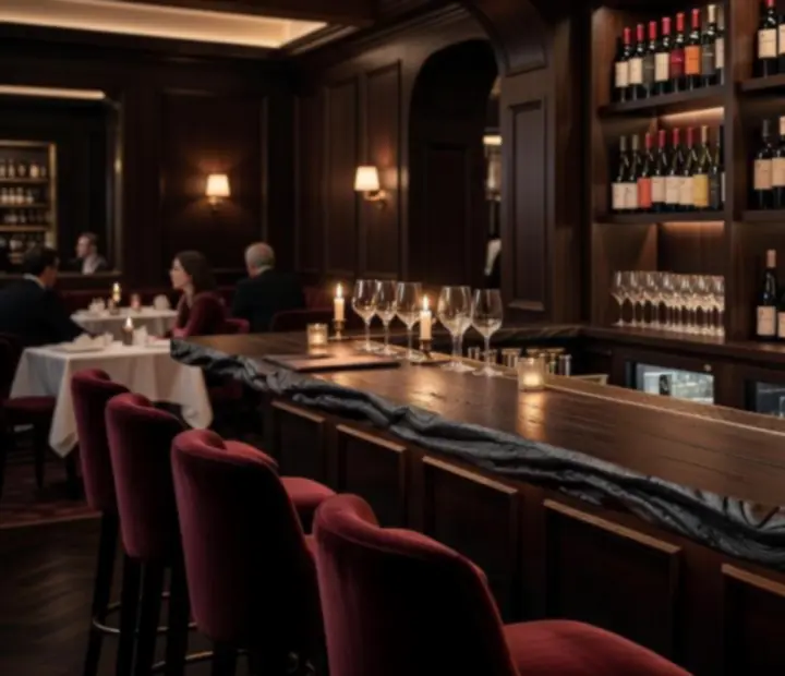 Sélection de vins et spiritueux sur un bar élégant éclairé de lumière chaude.